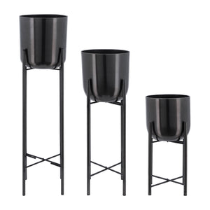 Cache-pot de 20 po/30 po/40 po en métal gris métallisé sur support - ensemble de 3