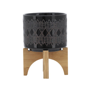 Cache-pot de 5 po en céramique à motif aztèque avec support en bois - noir