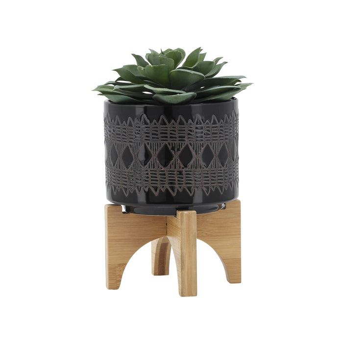 Cache-pot de 5 po en céramique à motif aztèque avec support en bois - noir