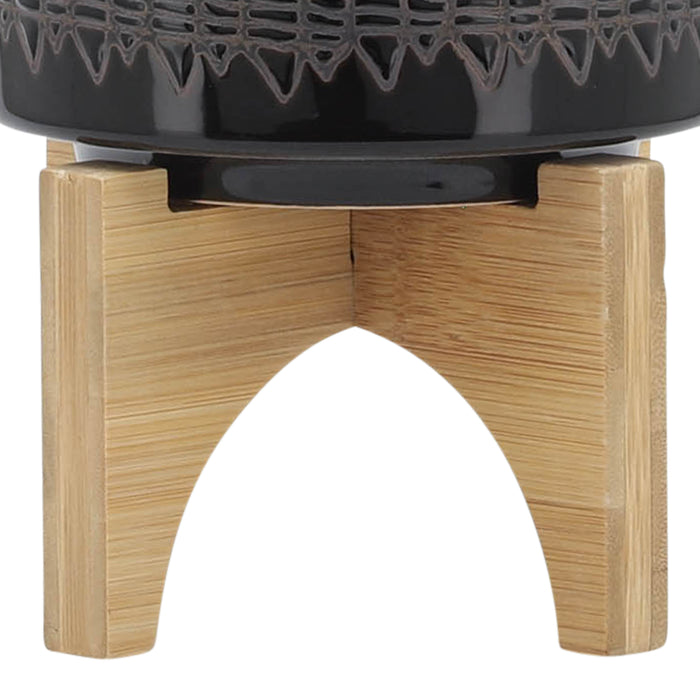 Cache-pot de 5 po en céramique à motif aztèque avec support en bois - noir