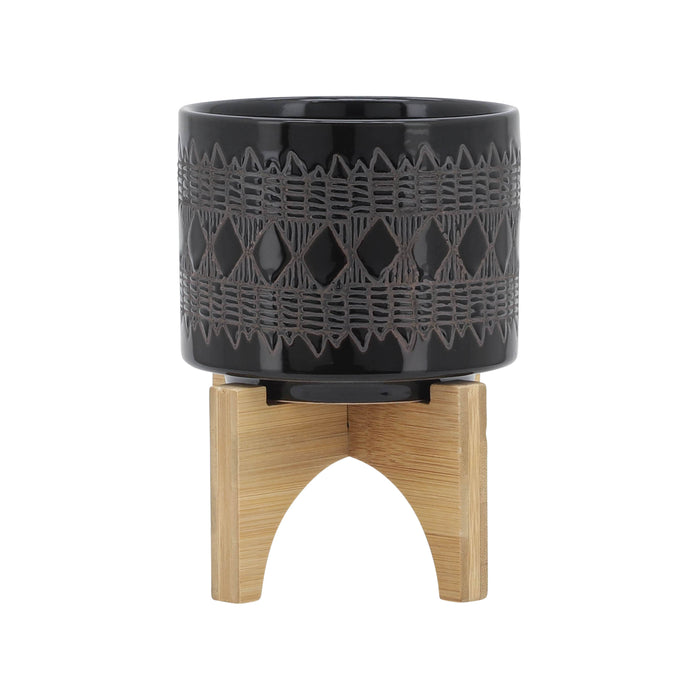 Cache-pot de 5 po en céramique à motif aztèque avec support en bois - noir