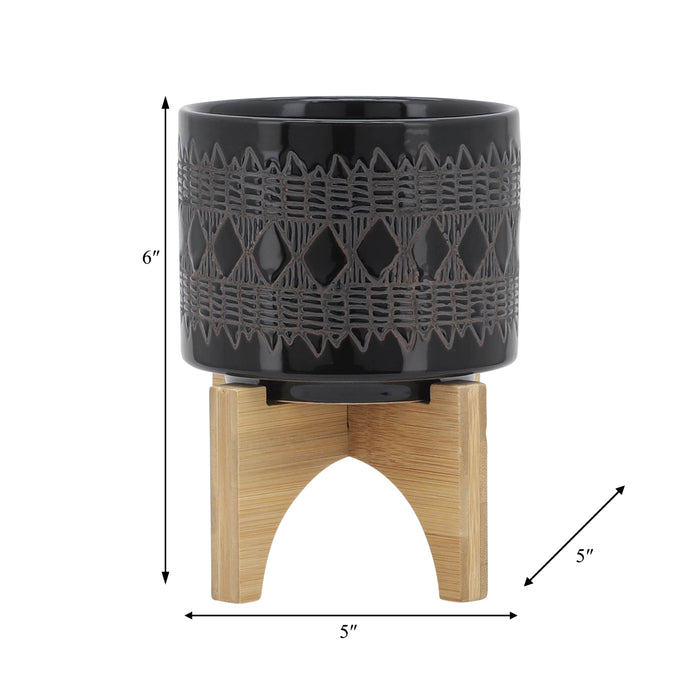 Cache-pot de 5 po en céramique à motif aztèque avec support en bois - noir