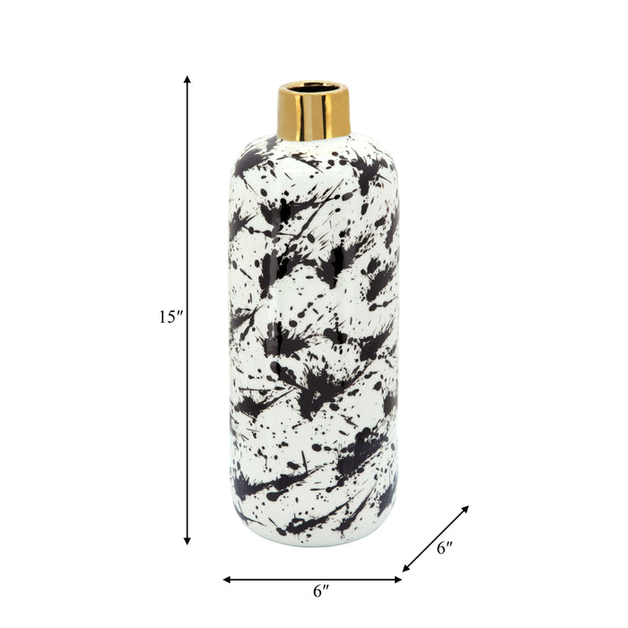 Vase de 15 po avec cou doré - noir et blanc