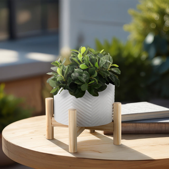Cache-pot à chevrons de 6 po en céramique avec support en bois - blanc