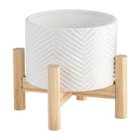 Cache-pot à chevrons de 6 po en céramique avec support en bois - blanc
