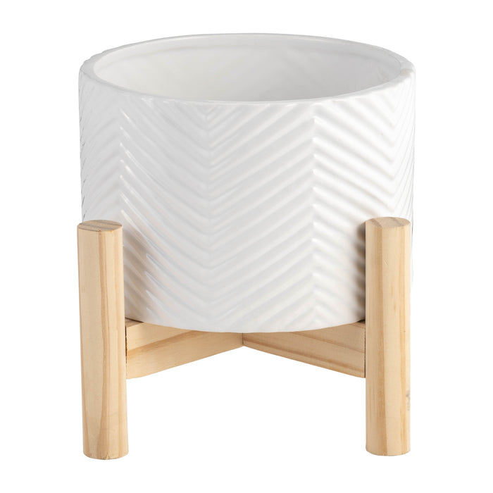 Cache-pot à chevrons de 6 po en céramique avec support en bois - blanc