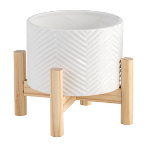Cache-pot à chevrons de 6 po en céramique avec support en bois - blanc