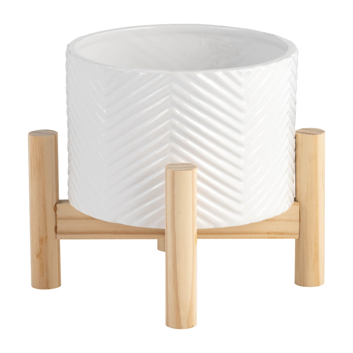 Cache-pot à chevrons de 6 po en céramique avec support en bois - blanc