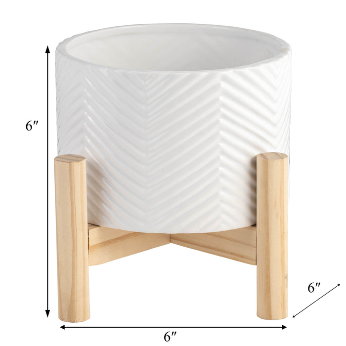 Cache-pot à chevrons de 6 po en céramique avec support en bois - blanc