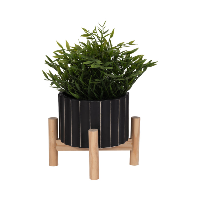 Cache-pot cannelé de 6 po en céramique avec support en bois - noir