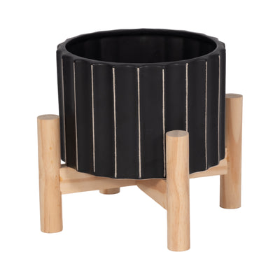 Ceramic 6" Fluted Planter with Wood Stand - Black|Cache-pot cannelé de 6 po en céramique avec support en bois - noir