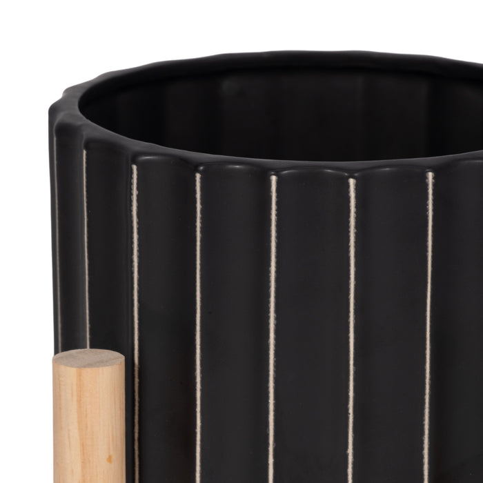 Cache-pot cannelé de 6 po en céramique avec support en bois - noir