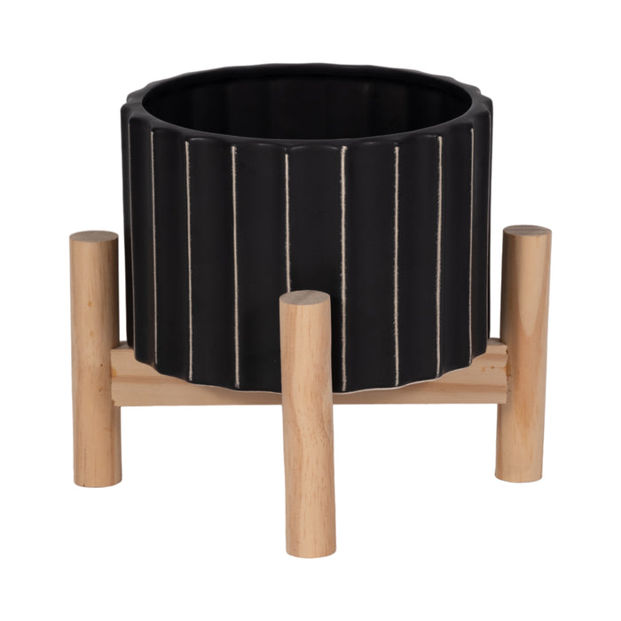 Cache-pot cannelé de 6 po en céramique avec support en bois - noir