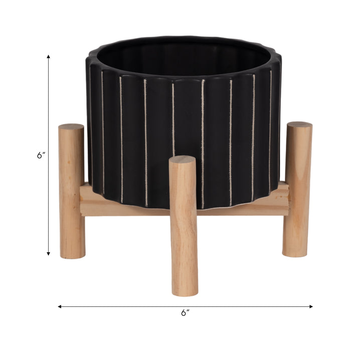 Cache-pot cannelé de 6 po en céramique avec support en bois - noir