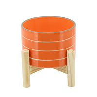 Cache-pot rayé de 6 po en céramique avec support en bois - orange