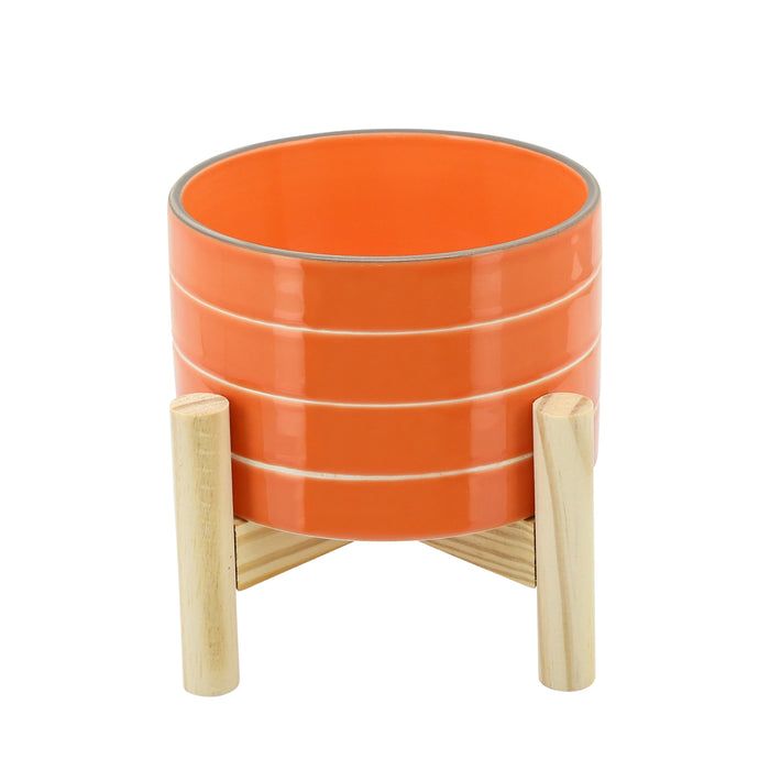 Cache-pot rayé de 6 po en céramique avec support en bois - orange