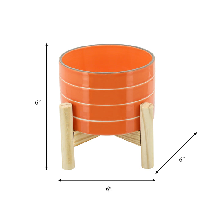 Cache-pot rayé de 6 po en céramique avec support en bois - orange