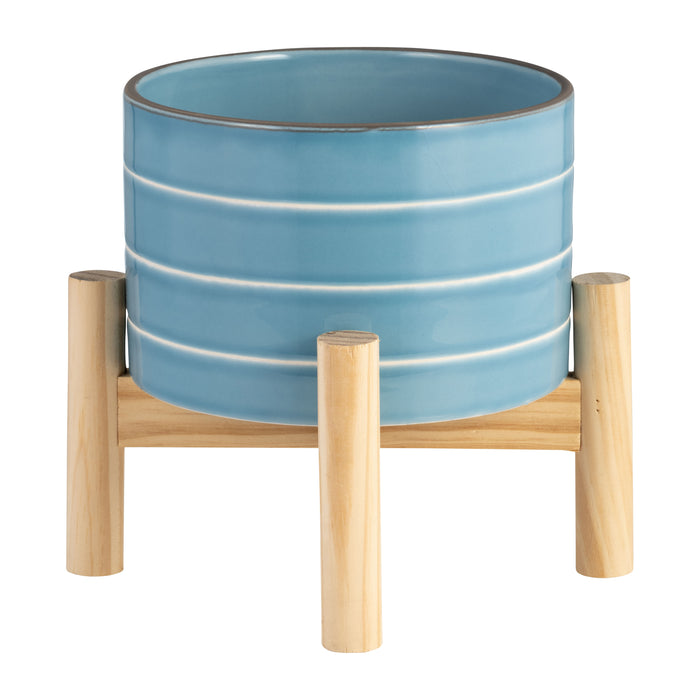 Cache-pot rayé de 6 po en céramique avec support en bois - bleu ciel