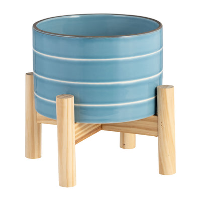 Ceramic 6" Striped Planter with Wood Stand - Sky Blue|Cache-pot rayé de 6 po en céramique avec support en bois - bleu ciel