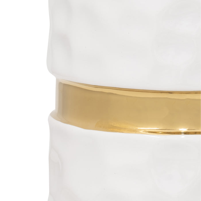 Vase de 13 po en céramique avec ceinture - blanc et doré