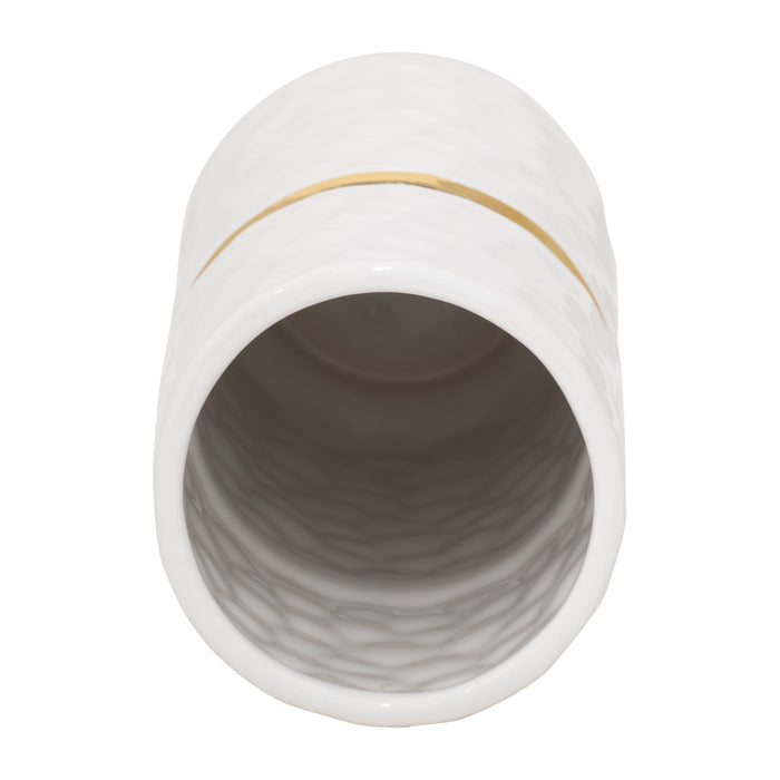 Vase de 13 po en céramique avec ceinture - blanc et doré