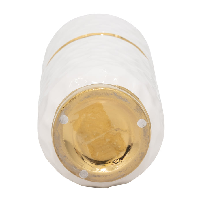 Vase de 13 po en céramique avec ceinture - blanc et doré