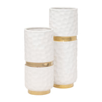 Vase de 13 po en céramique avec ceinture - blanc et doré