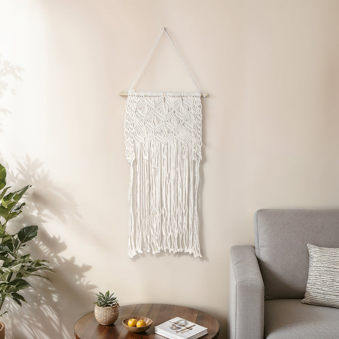 Décoration murale de 18 po en macramé et en bois - ivoire