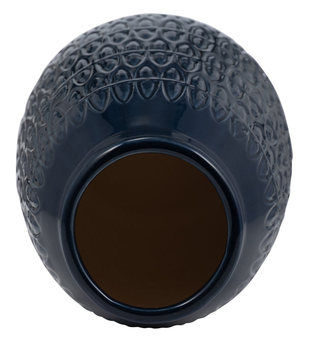 Vase gravé bleu marine de 10 po