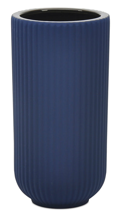 Navy 9" Ceramic Ridged Vase|Vase strié en céramique bleu marine de 9 po