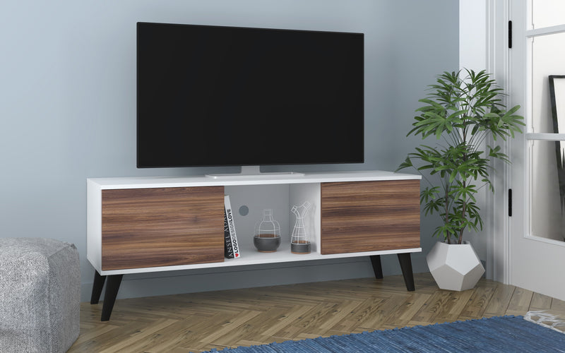 Meuble pour téléviseur Doyers de Manhattan Comfort de 53,15 po de style moderne du milieu du 20e siècle - blanc et brun noix