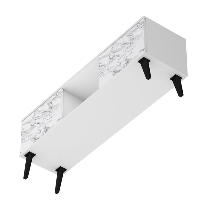 Meuble pour téléviseur Bogart de Manhattan Comfort de 53,15 po de style moderne du milieu du 20e siècle - blanc et tampon marbré