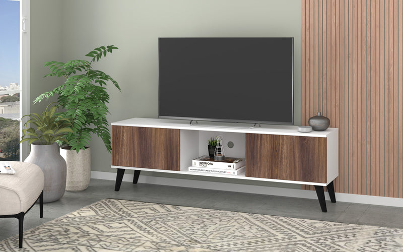 Meuble pour téléviseur Doyers de Manhattan Comfort de 62,20 po de style moderne du milieu du 20e siècle - blanc et brun noix