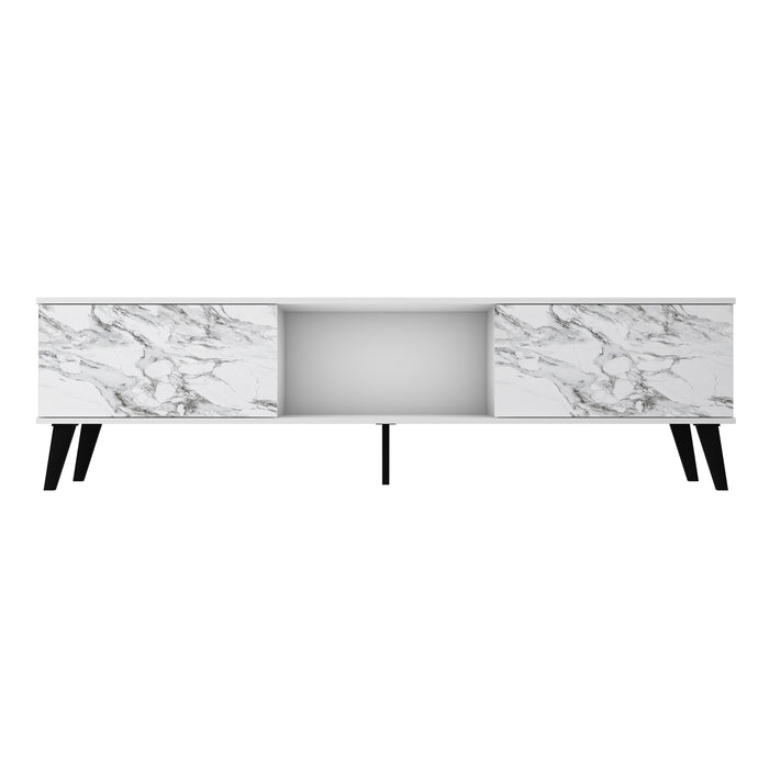 Meuble pour téléviseur Bogart de Manhattan Comfort de 70,87 po de style moderne du milieu du 20e siècle - blanc et tampon marbré