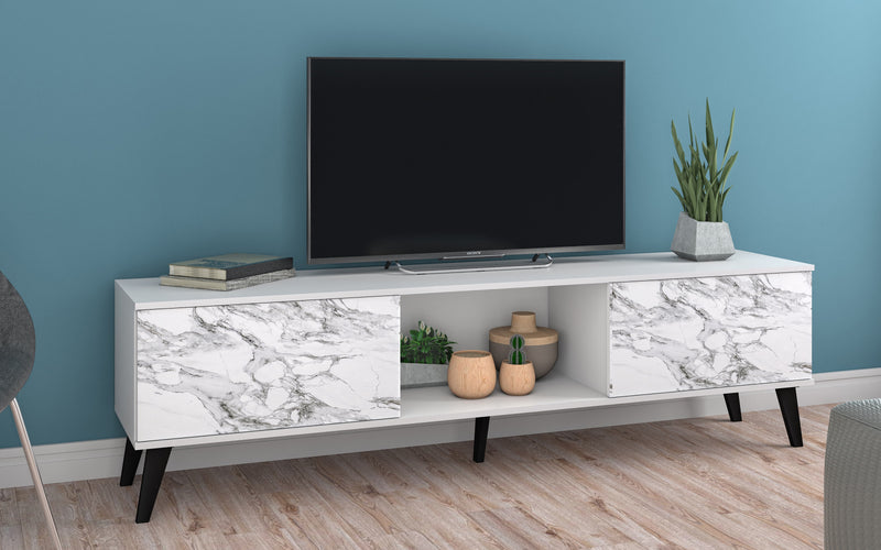 Meuble pour téléviseur Bogart de Manhattan Comfort de 70,87 po de style moderne du milieu du 20e siècle - blanc et tampon marbré