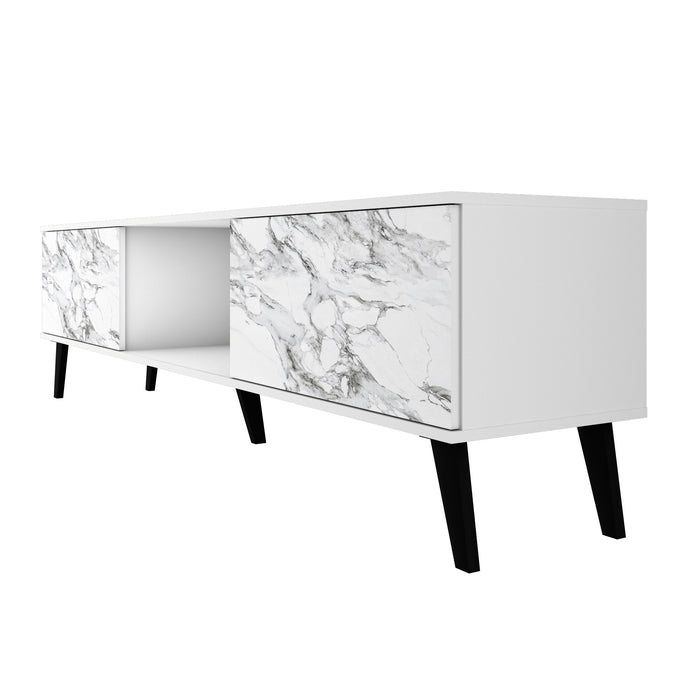 Meuble pour téléviseur Bogart de Manhattan Comfort de 70,87 po de style moderne du milieu du 20e siècle - blanc et tampon marbré