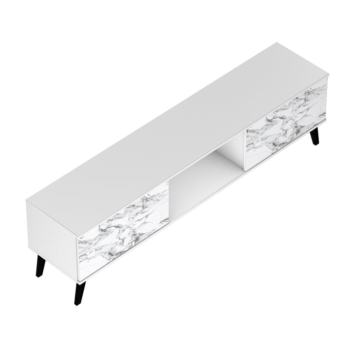 Meuble pour téléviseur Bogart de Manhattan Comfort de 70,87 po de style moderne du milieu du 20e siècle - blanc et tampon marbré