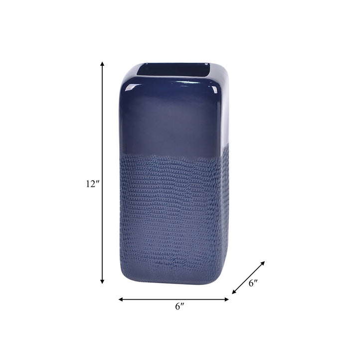 Vase carré rainuré de 12 po en céramique - bleu marine