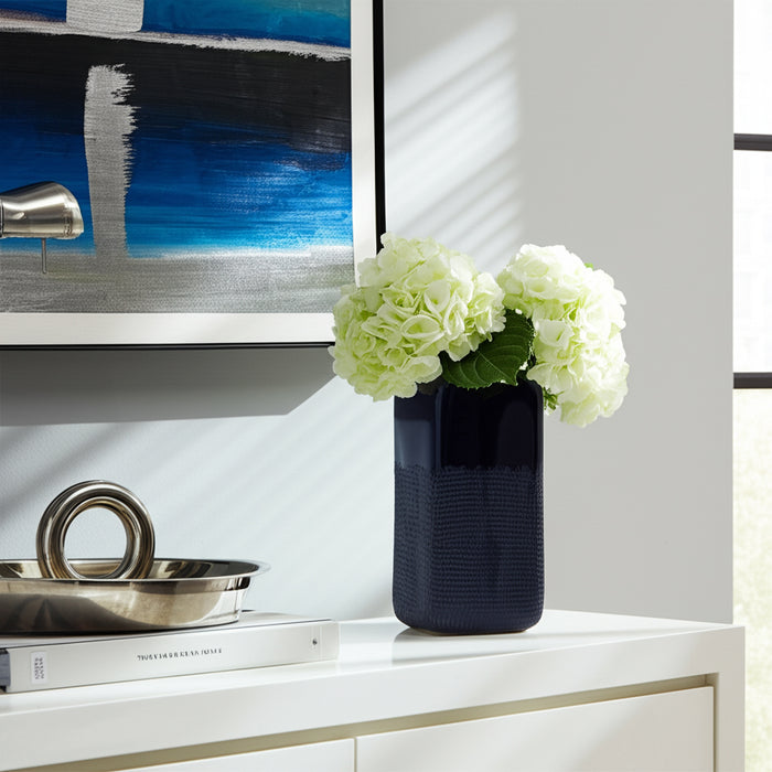 Vase carré rainuré de 12 po en céramique - bleu marine