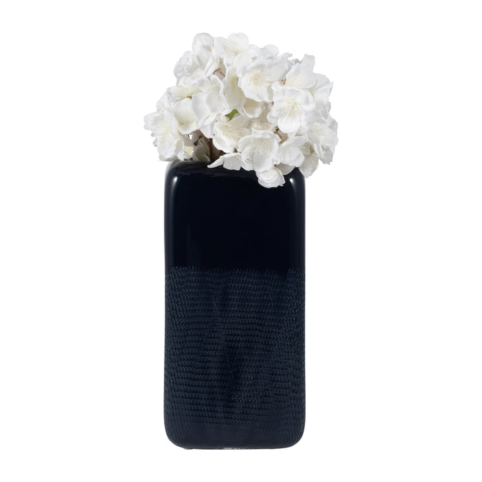 Vase carré rainuré de 12 po en céramique - bleu marine