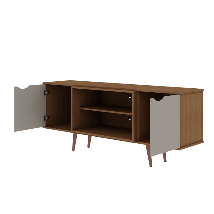 Meuble pour téléviseur Hampton de Manhattan Comfort de 62,99 po avec 4 tablettes et pattes en bois massif - blanc cassé