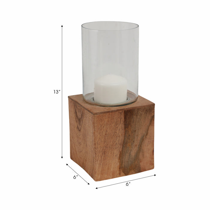 Bougeoir de 13 po avec base pilier carrée en bois - naturel