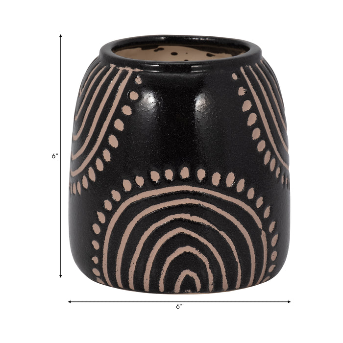 Vase de 6 po en céramique à motif tribal d’arcs - noir et tan