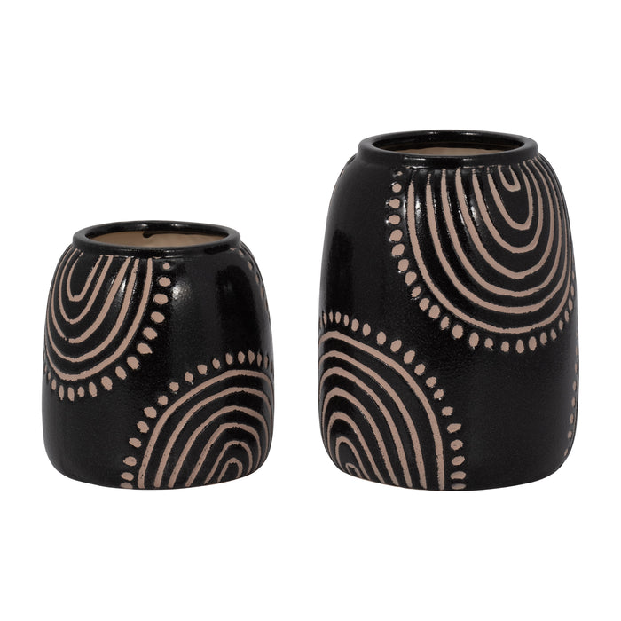 Vase de 6 po en céramique à motif tribal d’arcs - noir et tan