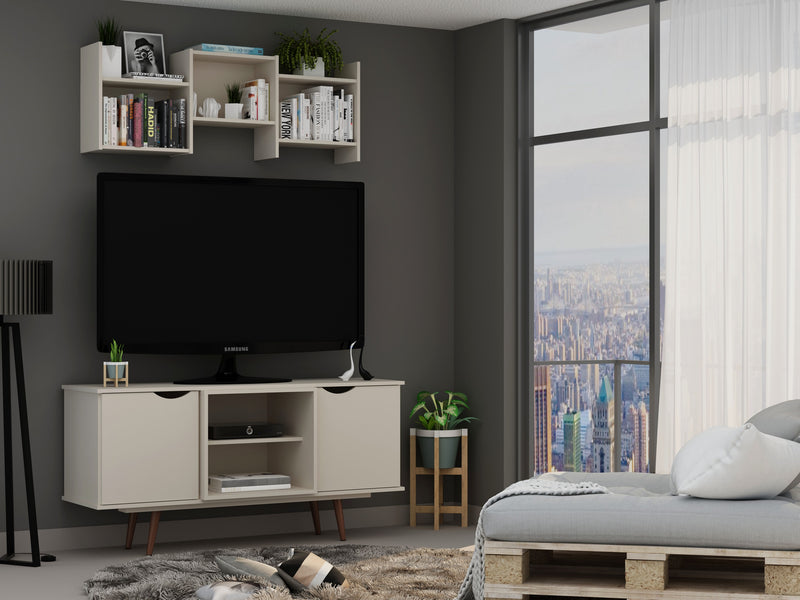 Meuble pour téléviseur Hampton de Manhattan Comfort de 53,54 po avec 4 tablettes et pattes en bois massif - blanc cassé et crème d'érable