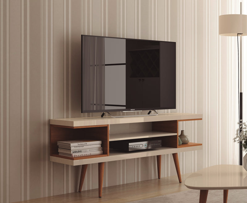 Meuble pour téléviseur Utopia de Manhattan Comfort de 53,14 po avec pattes évasées en bois et 4 tablettes - blanc cassé et crème d'érable