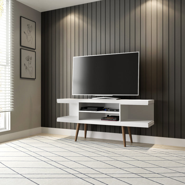 Meuble pour téléviseur Utopia de Manhattan Comfort de 53,14 po avec pattes évasées en bois et 4 tablettes - blanc