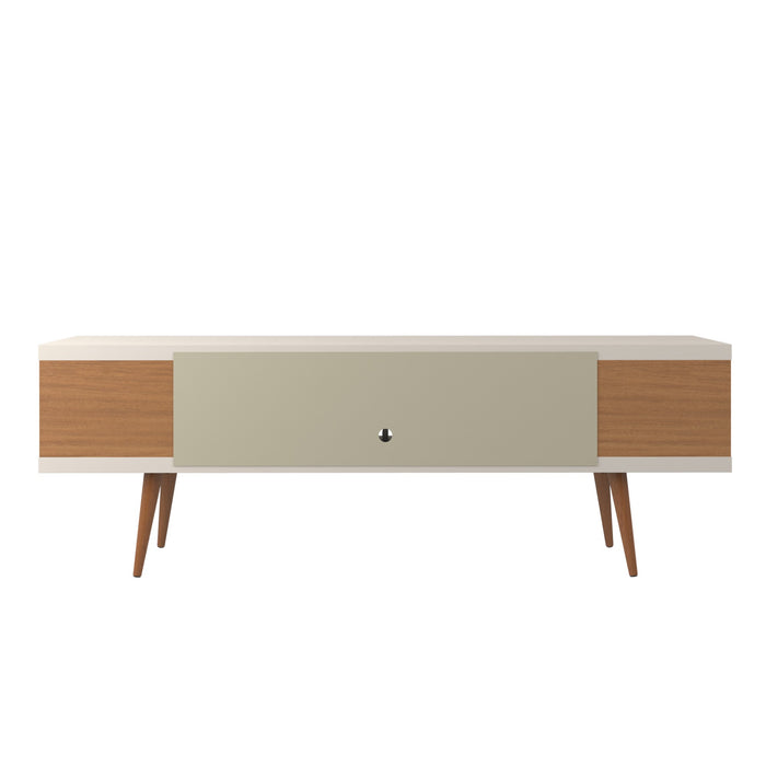 Meuble pour téléviseur Utopia de Manhattan Comfort de 70,47 po avec pattes évasées en bois et 4 tablettes - blanc cassé et crème d'érable