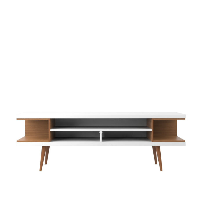 Meuble pour téléviseur Utopia de Manhattan Comfort de 70,47 po avec pattes évasées en bois et 4 tablettes - blanc lustré et crème d'érable