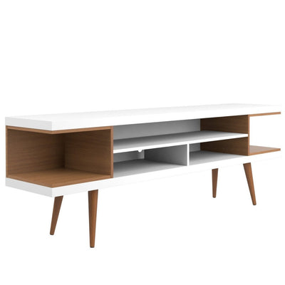 Manhattan Comfort Utopia 70.47" TV Stand with Splayed Wooden Legs & 4 Shelves - White Gloss & Maple Cream|Meuble pour téléviseur Utopia de Manhattan Comfort de 70,47 po avec pattes évasées en bois et 4 tablettes - blanc lustré et crème d'érable